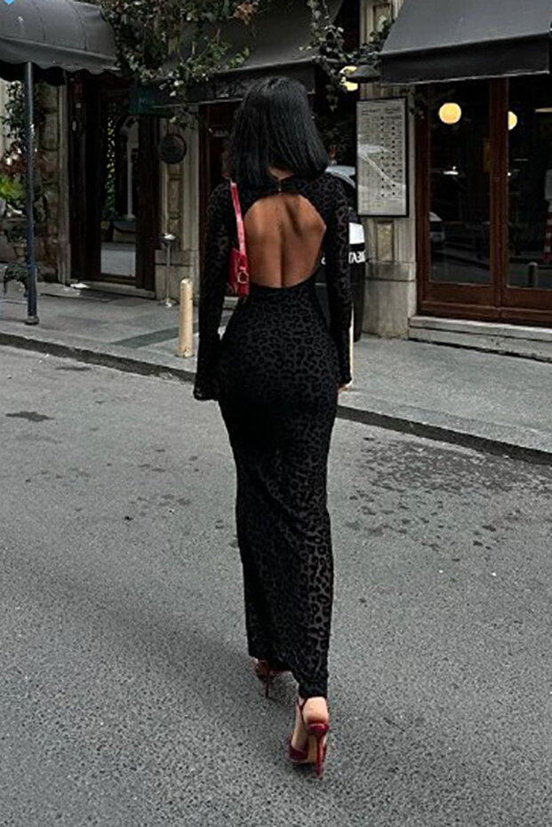 Siyah Flok Tül "Yenilenmiş Kalıp" Maxi Boy Astarlı Abiye Gece Mezuniyet Elbisesi TPRAW25EL00165 - 6