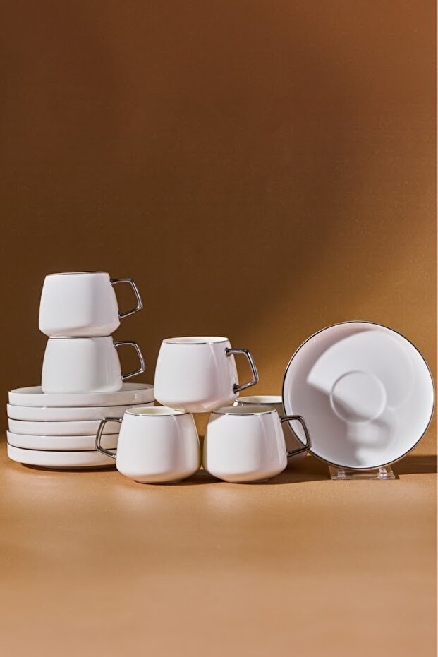 Σετ 12 τεμαχίων πορσελάνινες κούπες espresso Τουρκικού Καφέ για 6 άτομα, 100ml, λευκό και ασημί χρώμα - 1