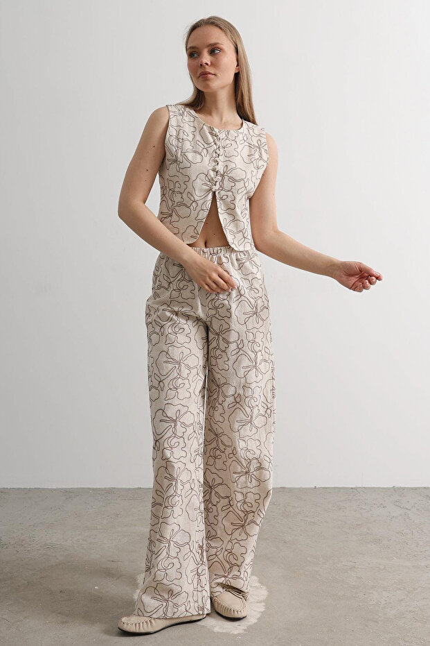 Taş Çiçekli Yelek Pantolon Dokuma Alt - Üst Takım TWOSS25AU00126 - 3