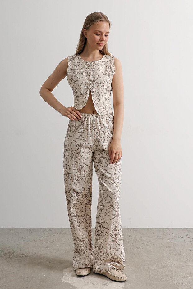 Taş Çiçekli Yelek Pantolon Dokuma Alt - Üst Takım TWOSS25AU00126 - 1