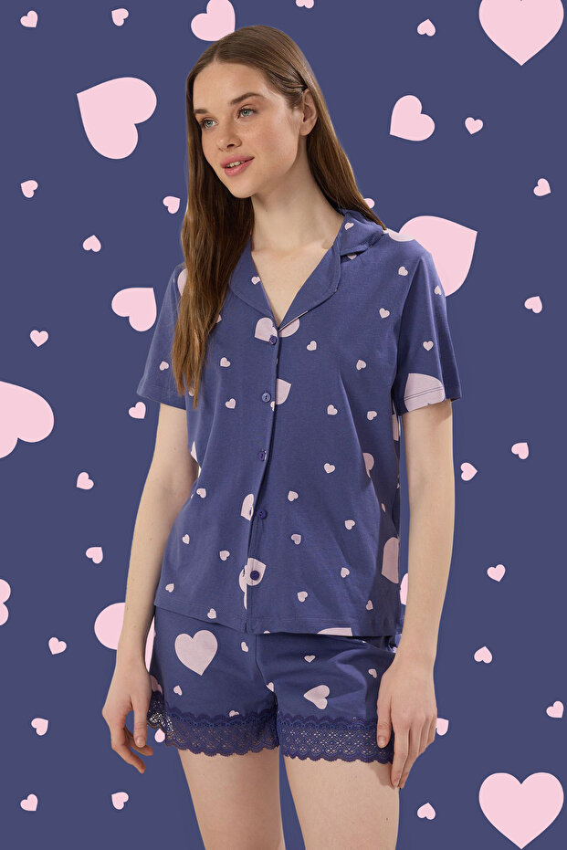 Mavi %100 Pamuklu Kalpli Dantel Detaylı Şortlu Örme Pijama Takımı THMSS25PT00302 - 1