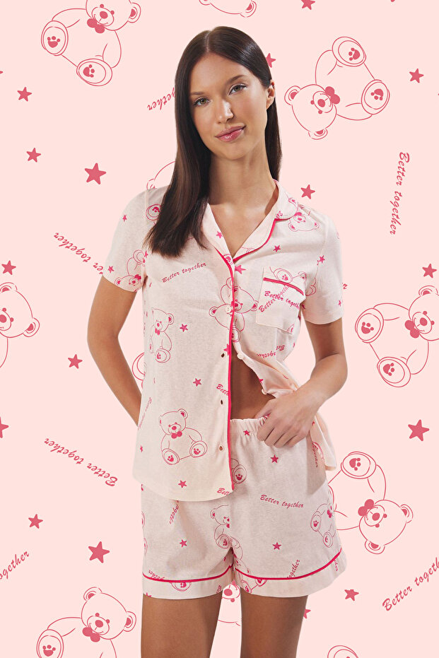 Pembe %100 Pamuklu Ayıcıklı Şortlu Örme Pijama Takımı THMSS25PT00427 - 1