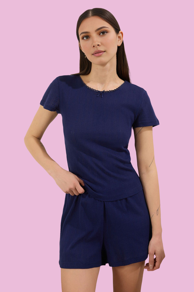 Lacivert %100 Pamuklu Yaka Dantelli Pointel Ajurlu/Delikli Şortlu Örme Pijama Takımı THMSS25PT00329 - 1