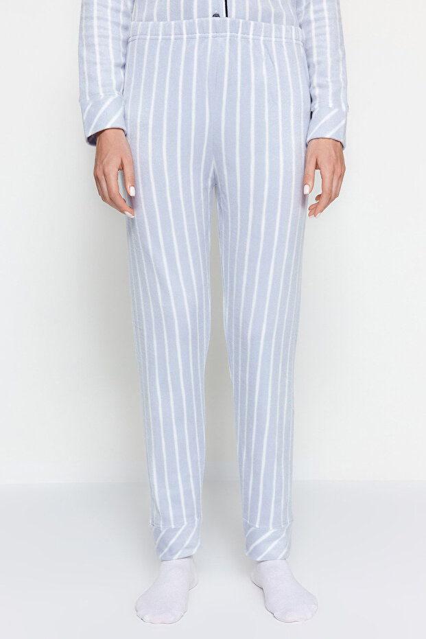 Mavi Çizgili Biye Detaylı Uyku Bantlı Polar Kışlık Örme Pijama Takımı THMAW22PT0360 - 5