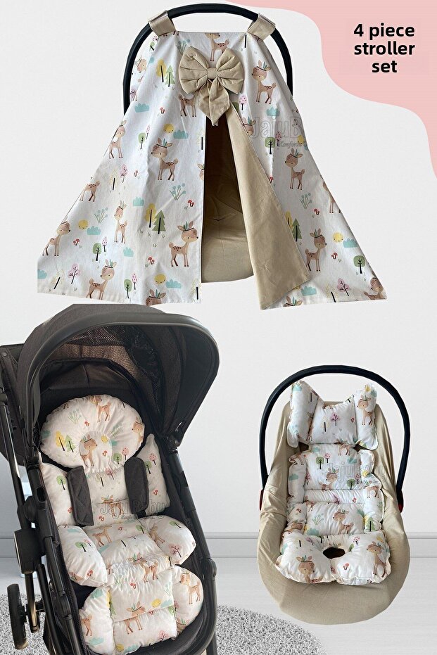 طقم عربة أطفال مكون من 4 قطع بنمط غزال (مع مقبض) - 1