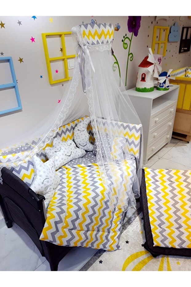 70x110 Baby Sleeping Set with Mosquito Net Zigzag Pattern 12 Pieces Compatible with Park Cribs (crib Not Included)