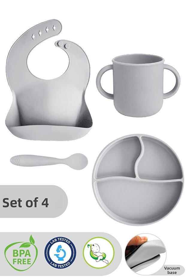 4-Piece Silicone Feeding Set - Baby Bib, Cup with Handle, Vacuum Plate, Feeding Spoon - Gray