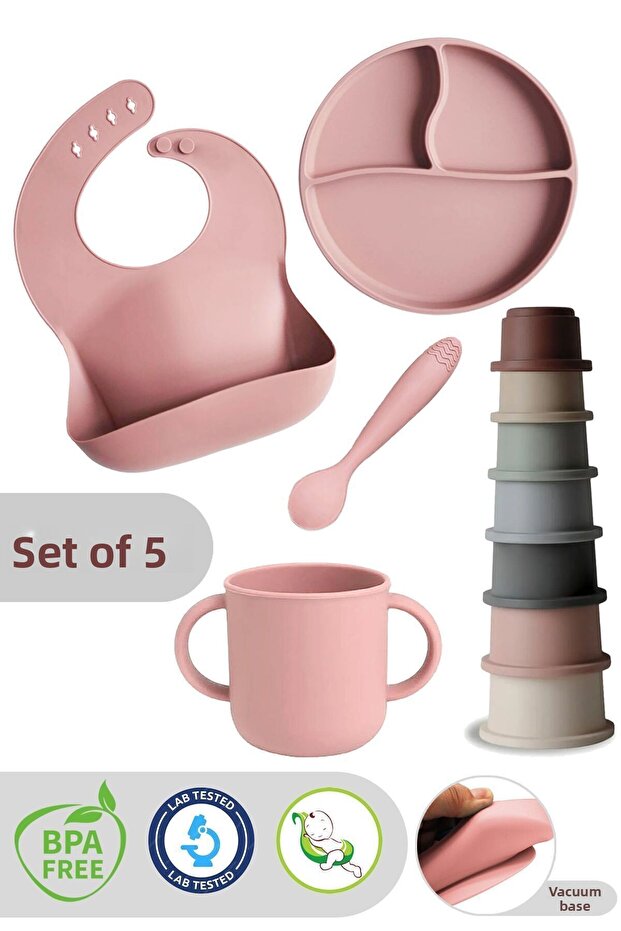 Pink Set of 5 Silicone Bib and Tower Activity Toy - Cup, Vacuum Plate, Spoon