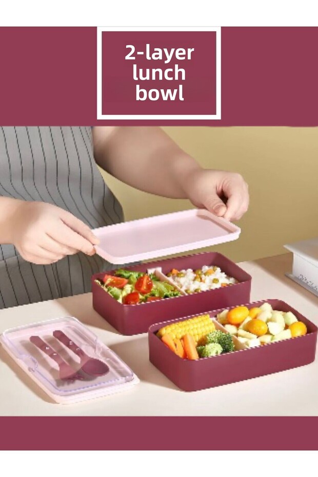 Purple Rectangular 1003 - 2 Layer Feeding and Food Container, storage Box with spoon - 1
