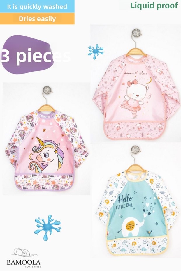 3 Pieces Liquid Proof Unicorn - Teddy Bear - B.fil Patterned Long Sleeve Baby Food Bib