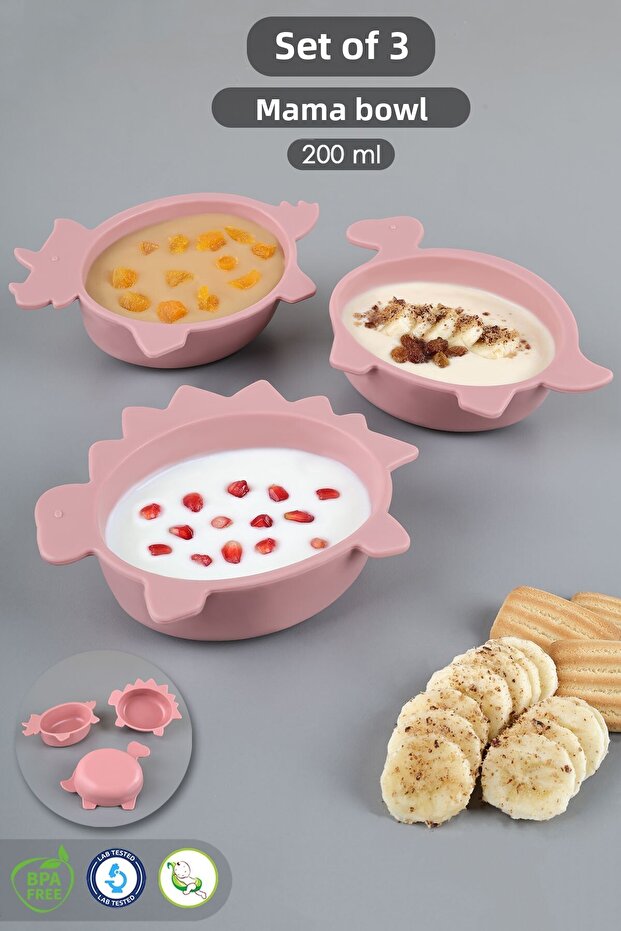 Set of 3 Animal Figured Silicone Baby Feeding Bowls - Shaped Baby Feeding Bowl Pink