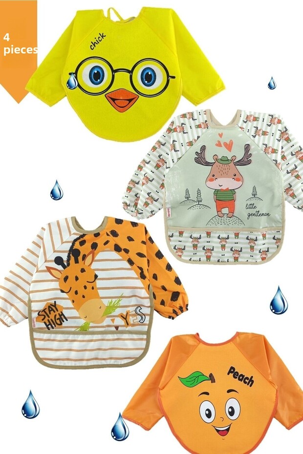 4 Pieces Liquid Proof Giraffe Deer Peach Chick Pattern Baby Food Bib for 0-3 Years