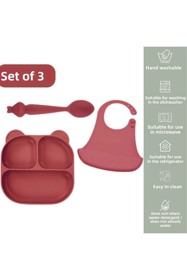 3-Piece Silicone Food Set Feeding Set - Silicone Food Bib, Vacuum-Based Food Plate, Food Spoon
