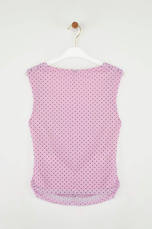Pembe Puantiyeli Astarlı Baskılı Tül Vücuda Oturan Crop Fiyonk Detaylı Örme Bluz TWOSS25BZ00033 - 6