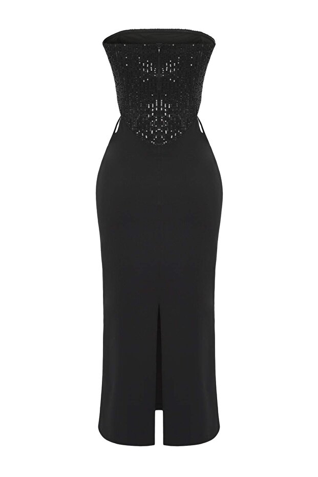 Siyah Cut Out/Pencere Detaylı Astarlı Payet Dokuma Midi Düğün/Nikah Elbisesi TPRSS25EL00306 - 7