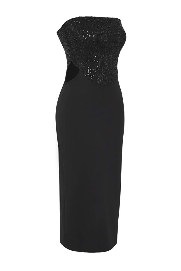 Siyah Cut Out/Pencere Detaylı Astarlı Payet Dokuma Midi Düğün/Nikah Elbisesi TPRSS25EL00306 - 6