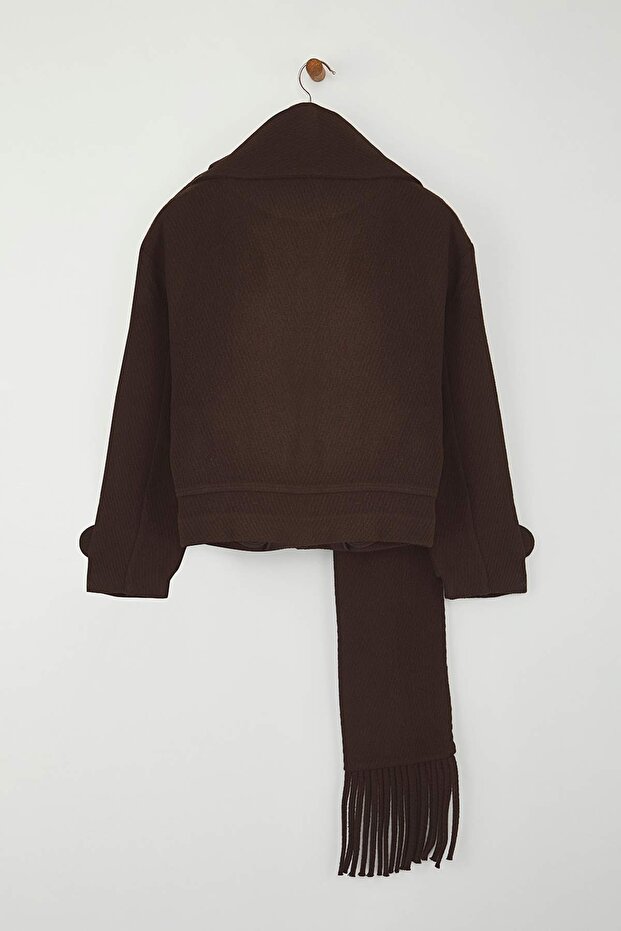 Kahverengi Oversize Kalıp Çıkarılabilir Şal Detaylı Kaşe İnce Ceket Mont TWOAW26MO00117 - 10