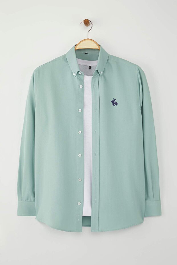 Mint Regular Fit Nakış Detaylı Oxford Kolay Ütülenebilir Smart Gömlek TMNAW25GO00036 - 2