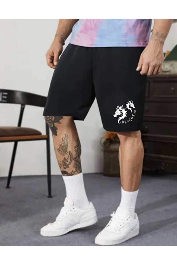 Men's Black Dragon Ejder Combed Cotton Casual Shorts Fitness Sports Exercise Running