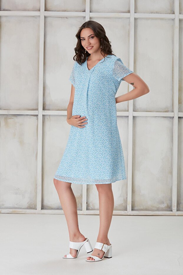 4521-Pleated V-Neck Heart Pattern Maternity Mini Chiffon Dress