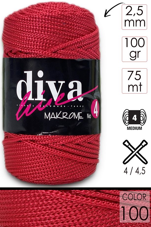 Diva Makrome Ipi Kalın (no:4) 100 Kırmızı - 1