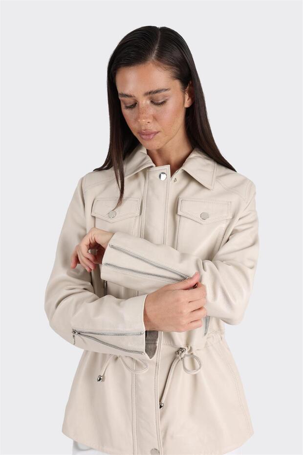Bej Deri Kadın Ceket - 4