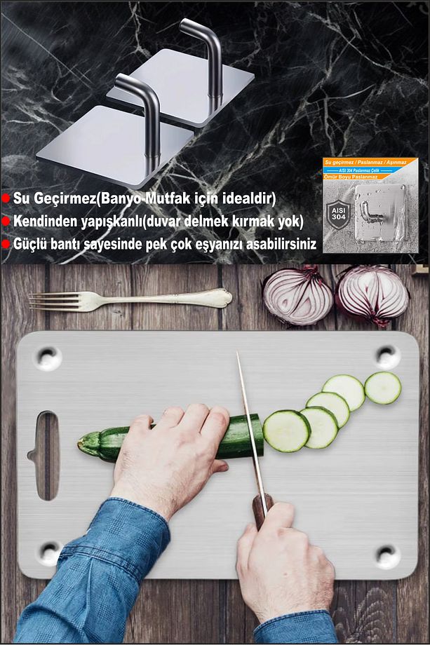 Home 2 Adet Paslanmaz Çelik Kesme Tahtası -2 Adet Yapışkanlı Askı(AYAKLI)(304 KALİTE)-antibakteriyel - 5