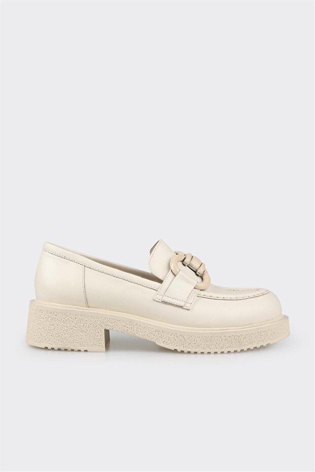 Bej Deri Kadın Loafer - 1
