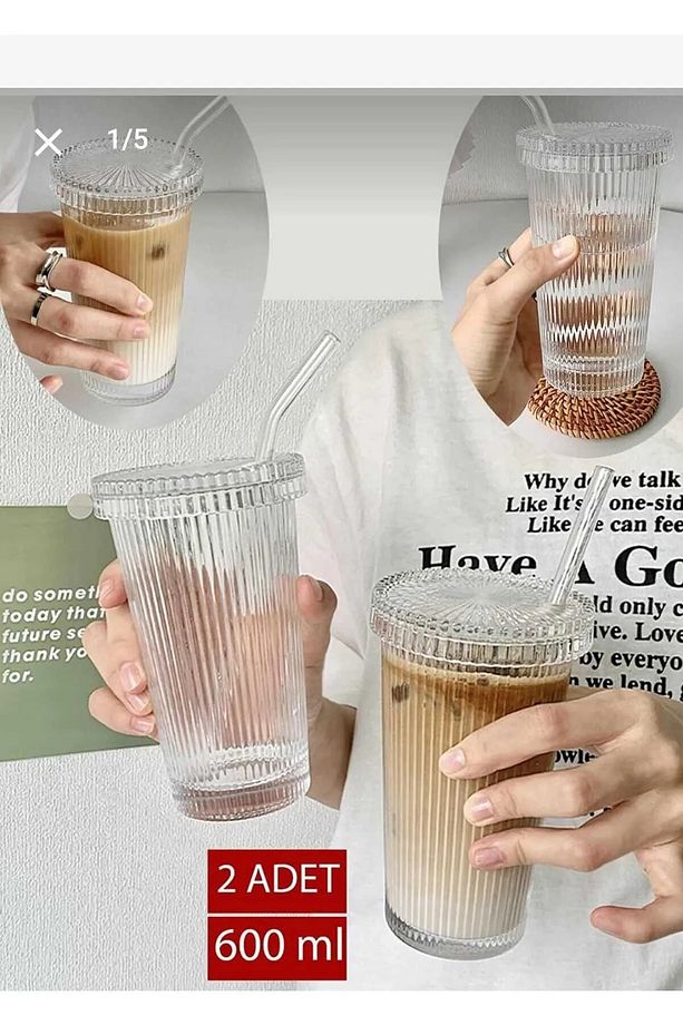2 Adet 600 ml Isıya Dayanıklı Origami Desen Kapaklı Ve Pipetli Bardak Milkshake Ve Meşrubat Bardağı - 1