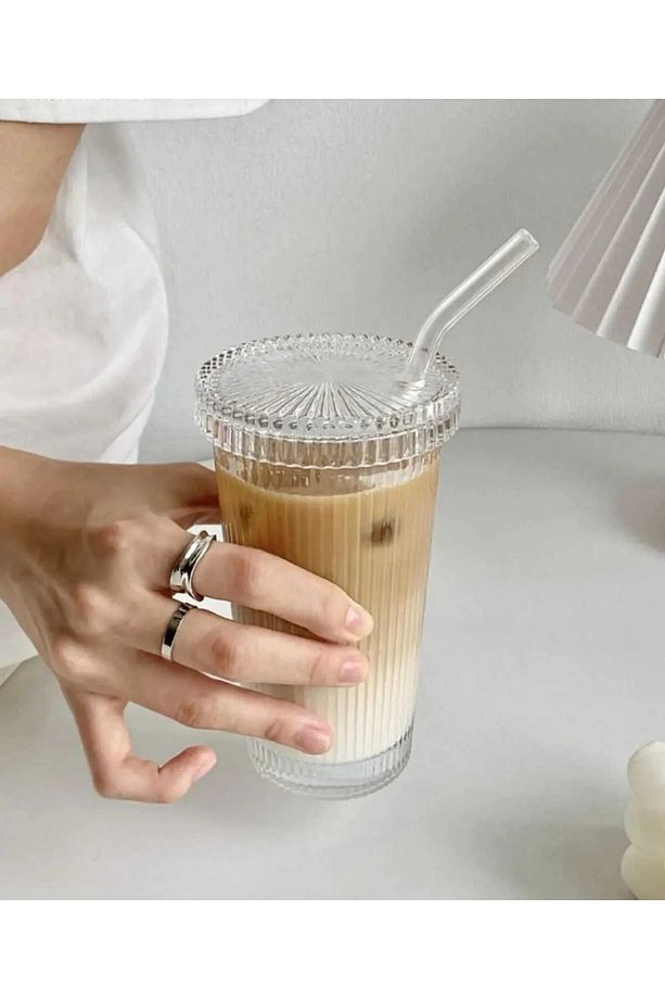 2 Adet 600 ml Isıya Dayanıklı Origami Desen Kapaklı Ve Pipetli Bardak Milkshake Ve Meşrubat Bardağı - 4