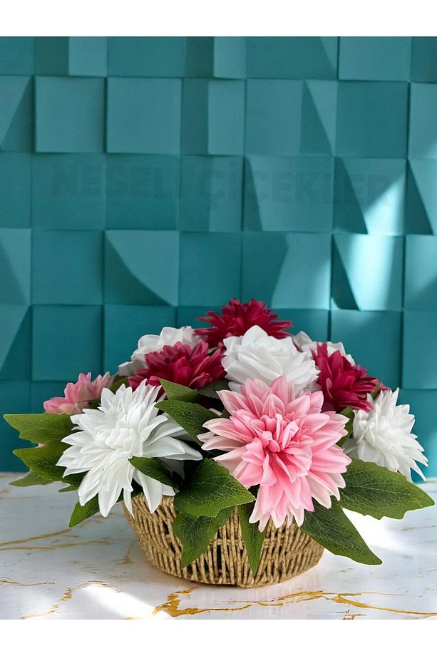 Yapay Çiçek Buketi Fuşya Pembe Dekoratif Çiçek Sepeti 35x20x25 Cm Hediyelik Ev Süsü Masa Süsü - 8