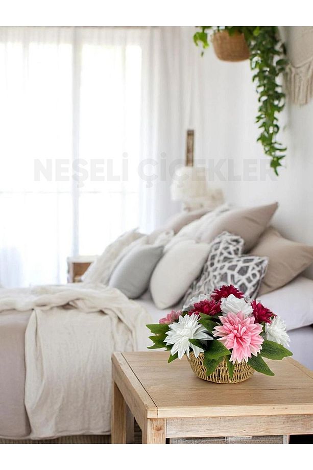 Yapay Çiçek Buketi Fuşya Pembe Dekoratif Çiçek Sepeti 35x20x25 Cm Hediyelik Ev Süsü Masa Süsü - 5