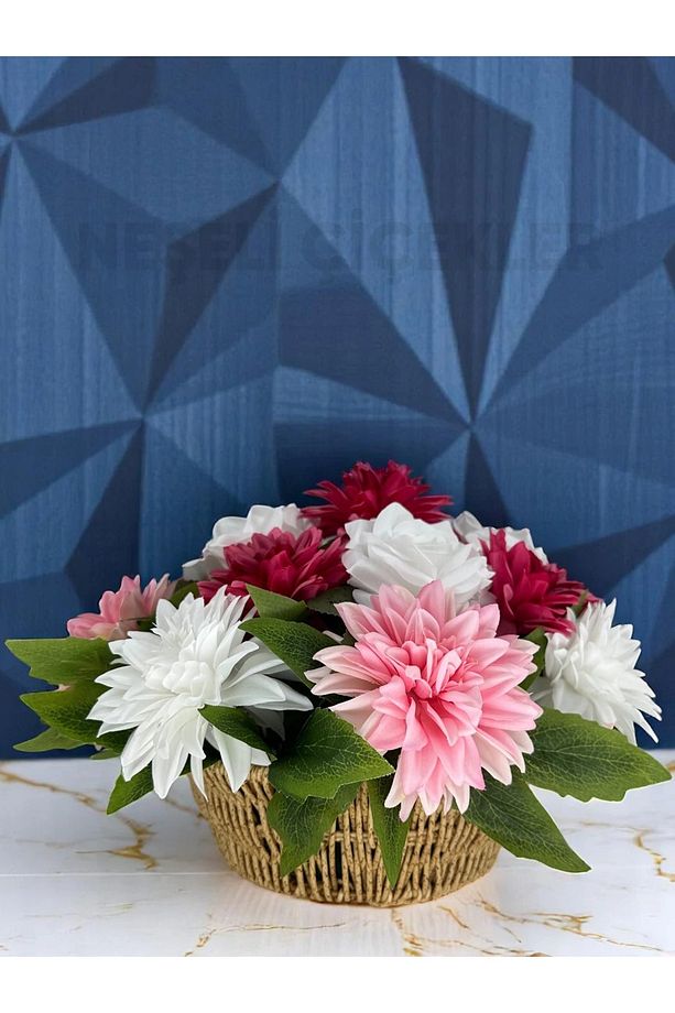 Yapay Çiçek Buketi Fuşya Pembe Dekoratif Çiçek Sepeti 35x20x25 Cm Hediyelik Ev Süsü Masa Süsü - 1