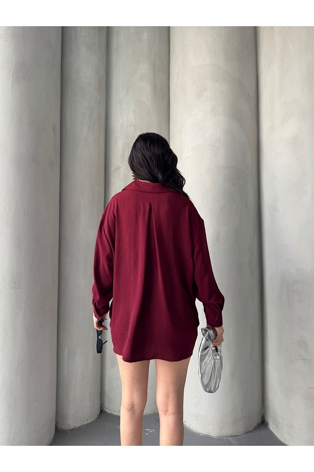 Kadın Perla Bordo Tek Cepli Oversize Gömlek, Geniş Kalıp Gömlek, Ayrobin Gömlek - 8