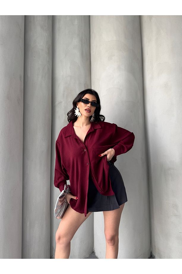 Kadın Perla Bordo Tek Cepli Oversize Gömlek, Geniş Kalıp Gömlek, Ayrobin Gömlek - 7