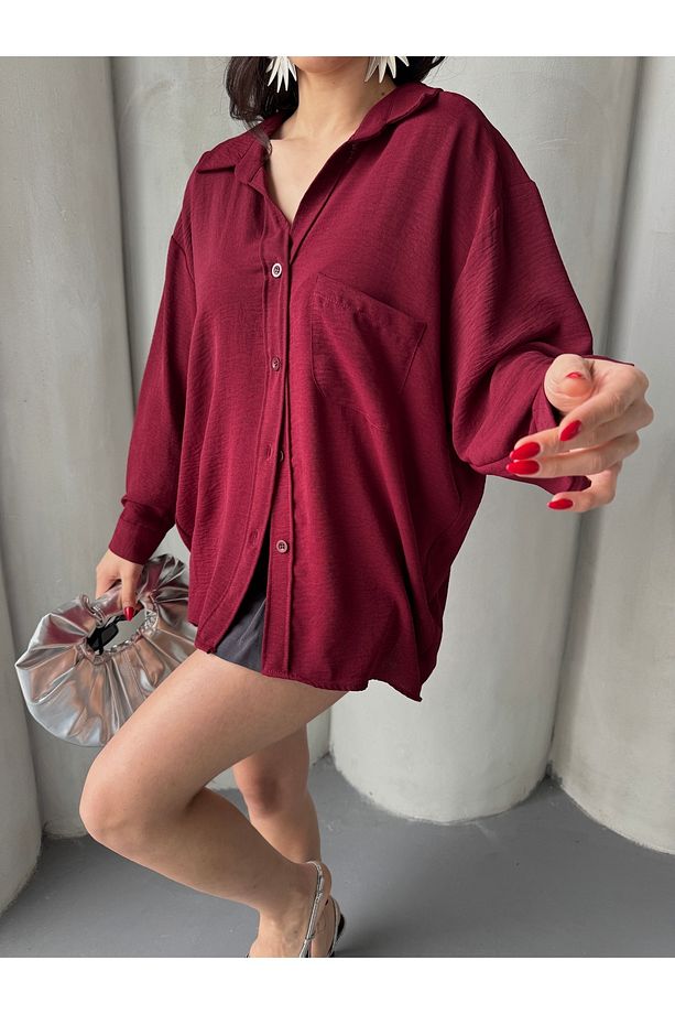 Kadın Perla Bordo Tek Cepli Oversize Gömlek, Geniş Kalıp Gömlek, Ayrobin Gömlek - 5