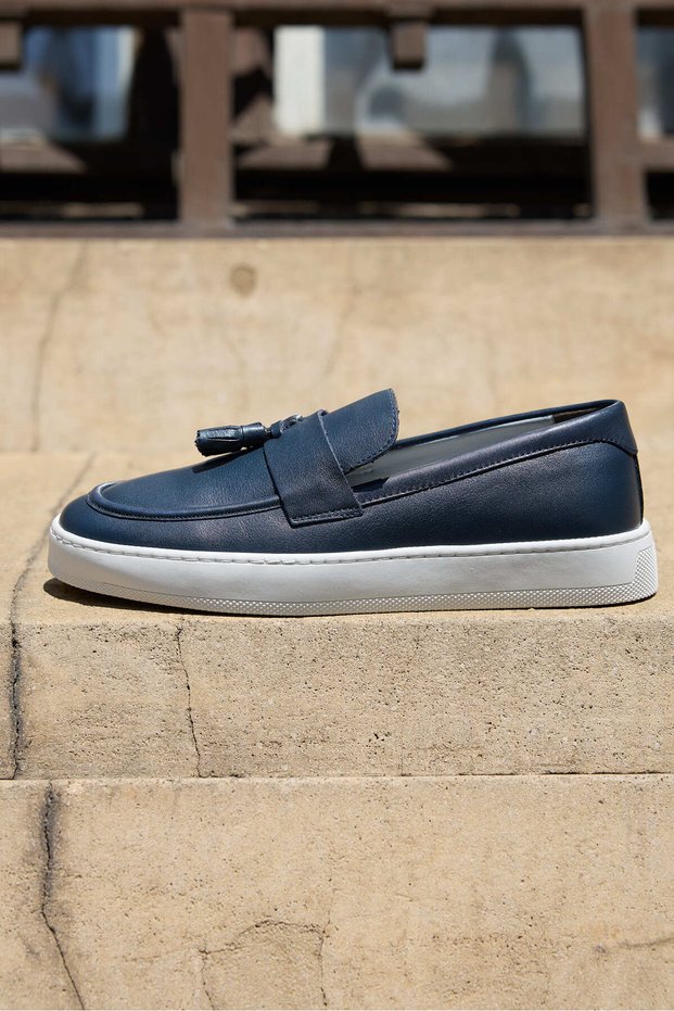 Tassel Navy Blue 100% Genuine Leather Men's Loafer Shoes, Daily Casual Shoes