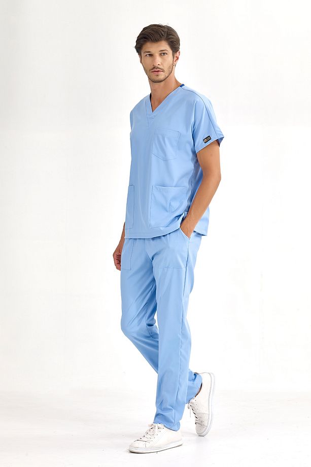 Açık Mavi Lüks Likralı Greys Alt Üst Takım Doktor Hemşire Scrubs Üniforma - 3