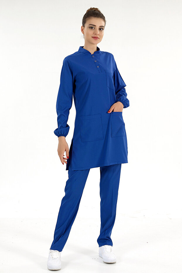 Cobalt Blue Luxury Lycra Prevailing Collar Hijab Suit Doctor Nurse Long Sleeve Scrubs Bottom Top