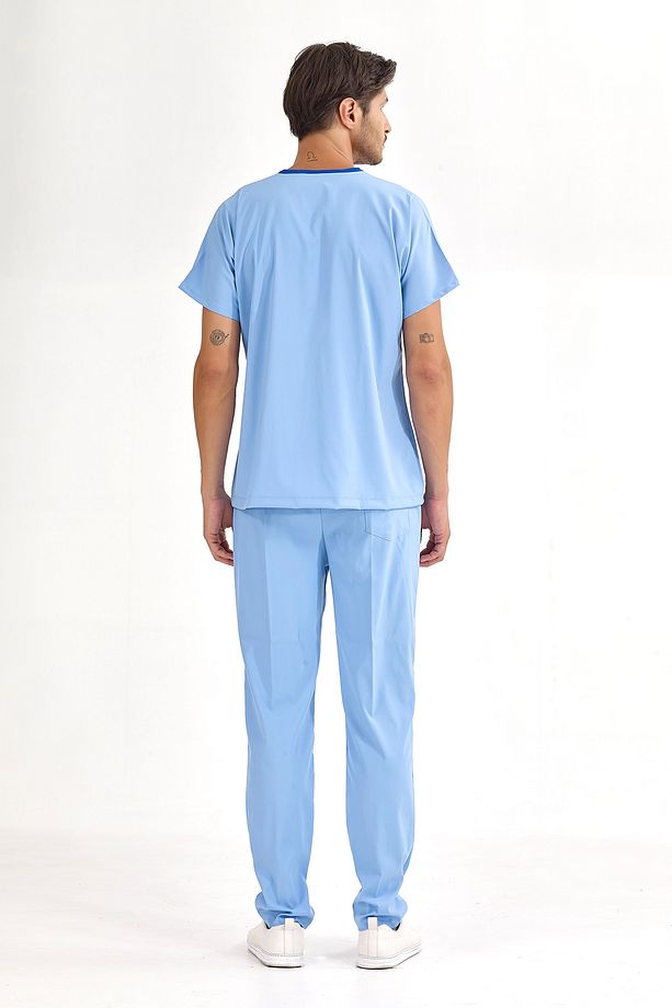 Açık Mavi Lüks Likralı Greys Alt Üst Takım Doktor Hemşire Scrubs Üniforma - 5