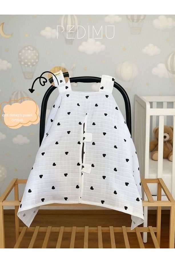 Müslin Siyah Kalp Desenli Cırtlı Müslin Puset Örtüsü %100 Cotton - 1