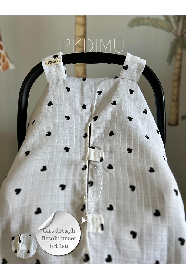 Müslin Siyah Kalp Desenli Cırtlı Müslin Puset Örtüsü %100 Cotton - 5