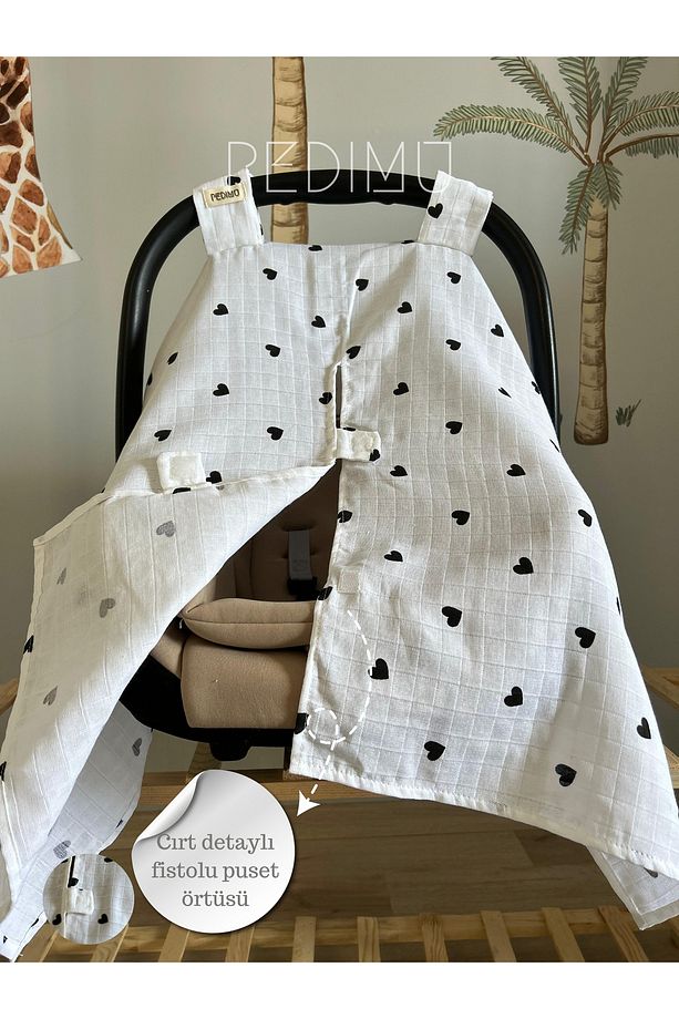 Müslin Siyah Kalp Desenli Cırtlı Müslin Puset Örtüsü %100 Cotton - 3