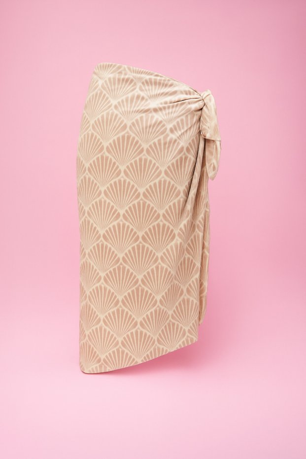 Cream Seashell Patterned Long Pareo Satin Women's Beach Dress New Season
