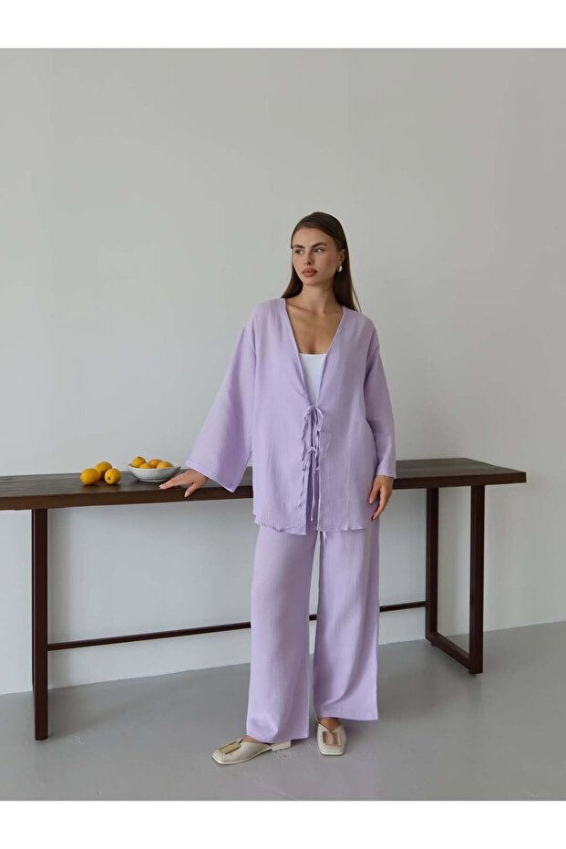Lila Purple Muslin Fabric Tie Kimono Bluz Pants Set