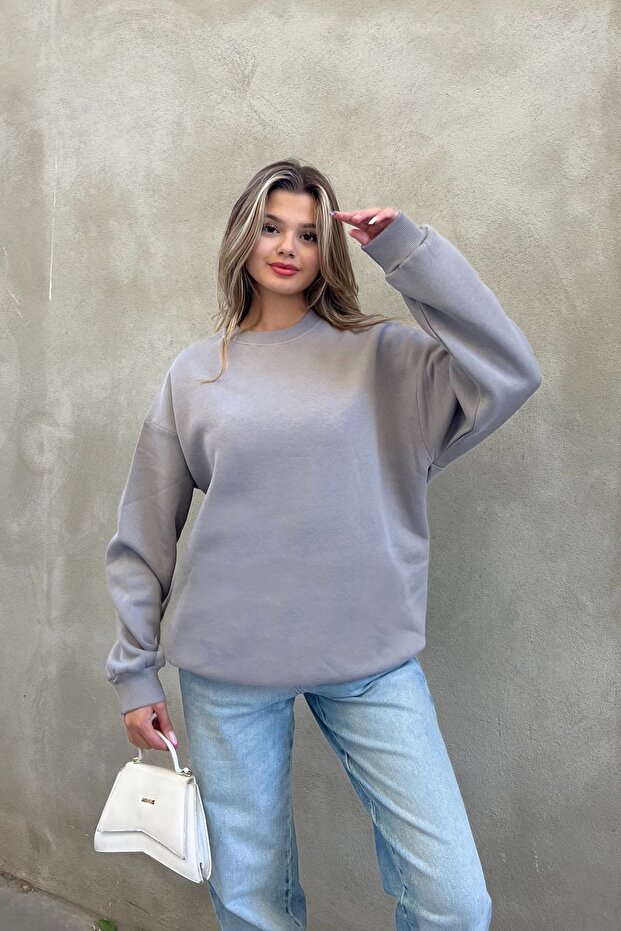 Taş Basic Bisiklet Yaka Oversize Sweatshirt - 3