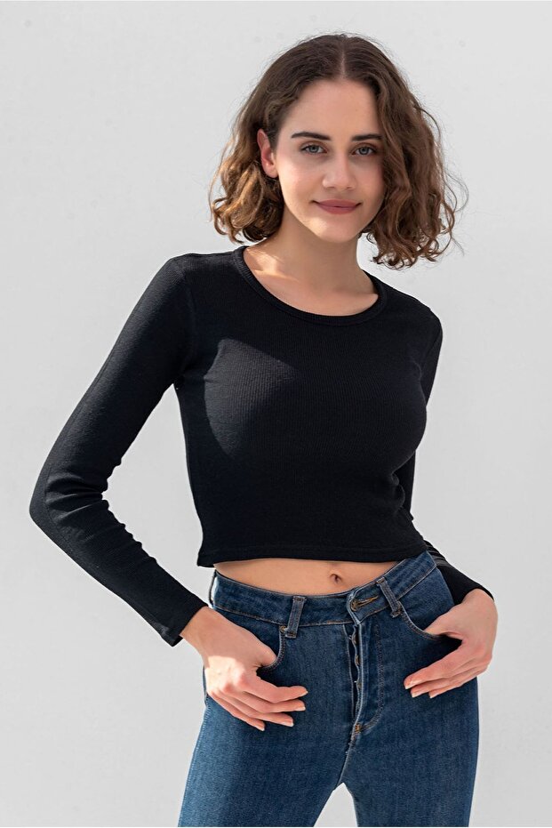 Black Long Sleeve Ribbed Blouse Crop Knitted T-shirt