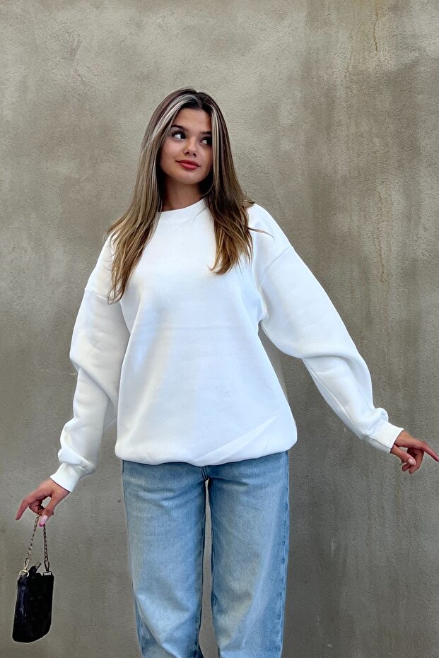 Beyaz Basic Bisiklet Yaka Oversize Sweatshirt - 1