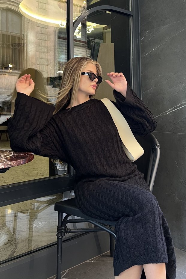 Black Casual Hair Knit Thick Knitwear Dress