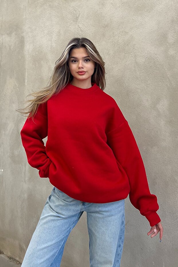 Kırmızı Basic Bisiklet Yaka Oversize Sweatshirt - 1